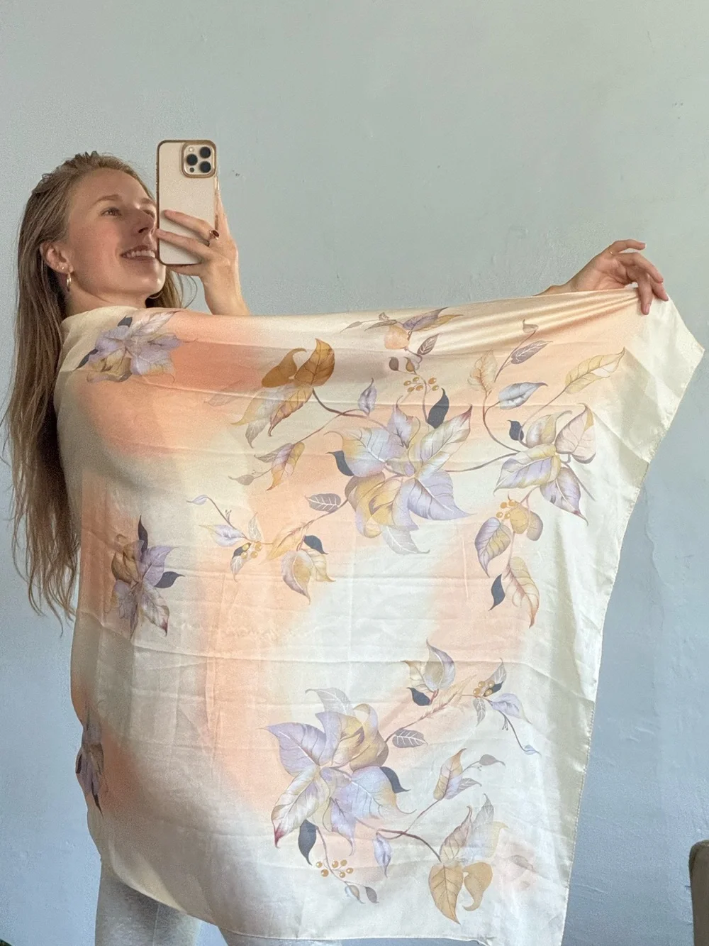 Cream and Peach Floral Silk Wrap Scarf